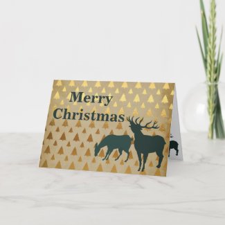 Silhouette Elk Golden Pine Trees Merry Christmas Holiday Card