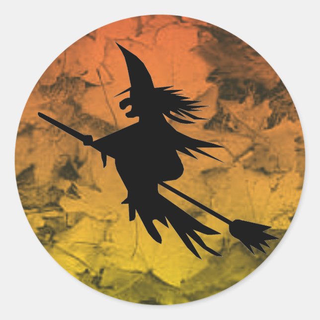 Silhouette Flying Witch Fall Leaves Halloween Classic Round Sticker (Front)