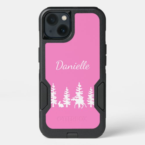 Silhouette forest and wildlife in white and pink iPhone 13 case
