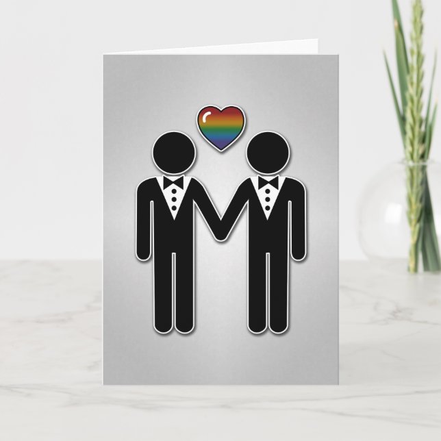 Silhouette Gay Grooms with Rainbow Heart Card (Front)