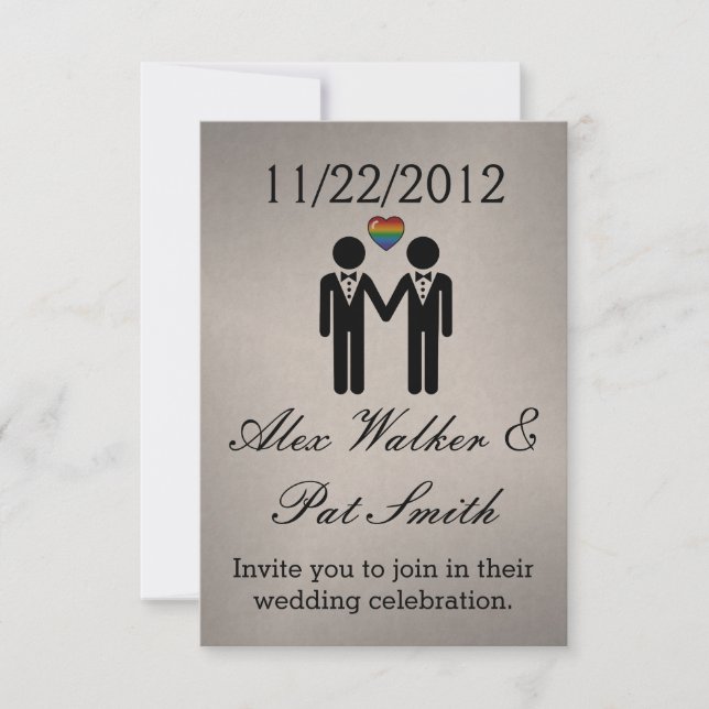 Silhouette Gay Grooms with Rainbow Heart Invitation (Front)