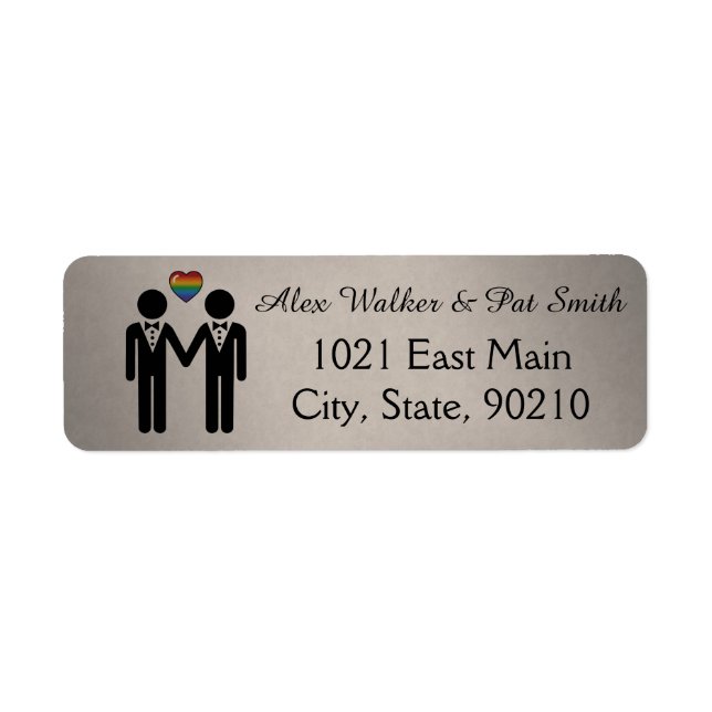 Silhouette Gay Grooms with Rainbow Heart Label (Front)