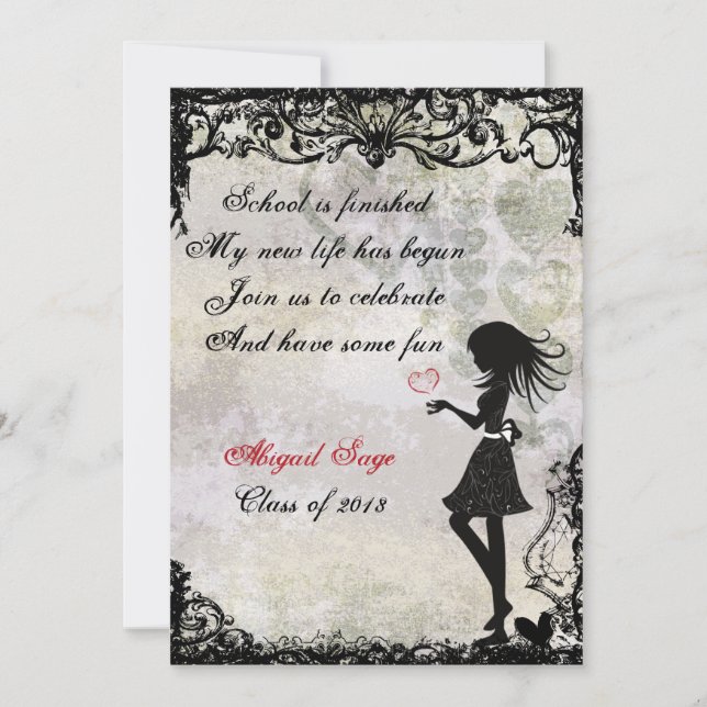 Silhouette Girl and Hearts Graduation Invitation (Front)