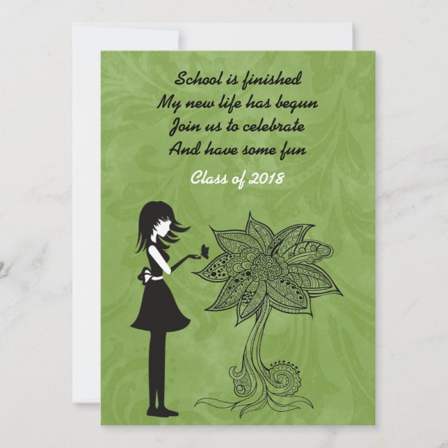Silhouette Girl, Butterfly and Flower Graduation Invitation (Front)