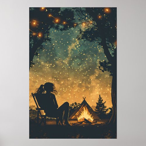 Silhouette Girl Night Camping Adventure Poster