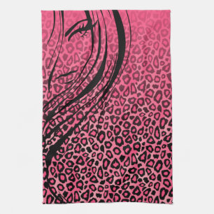 Silhouette Girl Pink Leopard Animal Print Towel