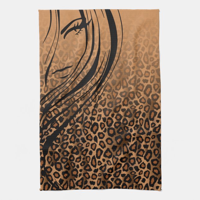 Silhouette Girl | Tan Leopard Animal Print Towel (Vertical)