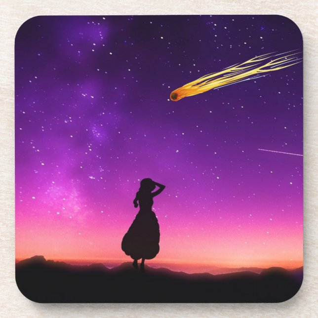 Silhouette Girl Watches Meteor Crash To Earth Beverage Coaster (Front)
