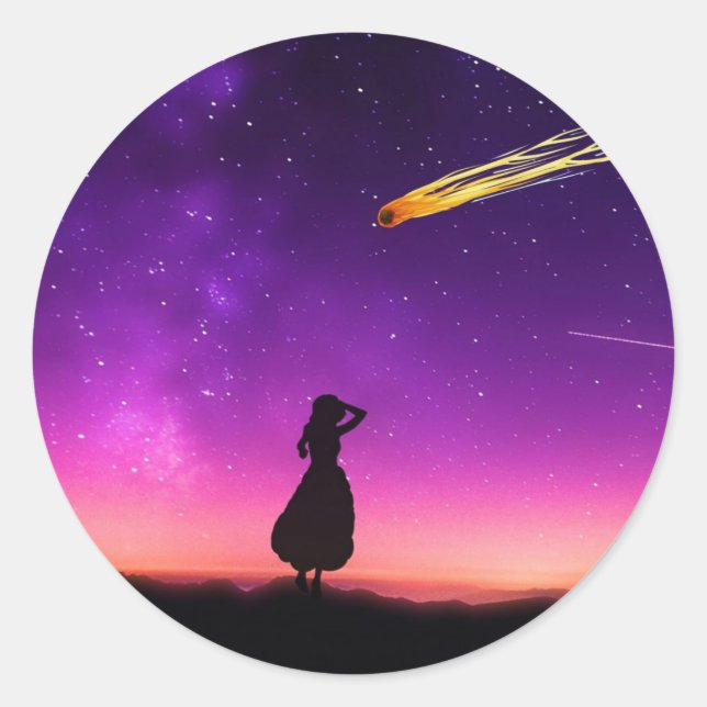 Silhouette Girl Watches Meteor Crash To Earth Classic Round Sticker (Front)