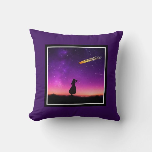 Silhouette Girl Watches Meteor Crash To Earth Throw Pillow (Front)