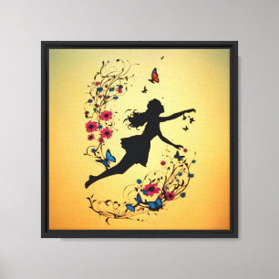 Silhouette Girl with Butterflies and Flowers Canvas Print