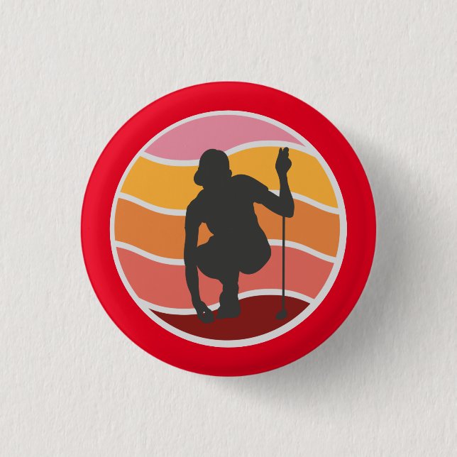 Silhouette golfer  lady  golfing on red background button (Front)