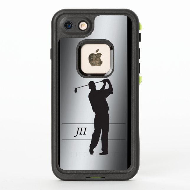 Silhouette Golfer Monogram on Silver LifeProof iPhone Case (Back)