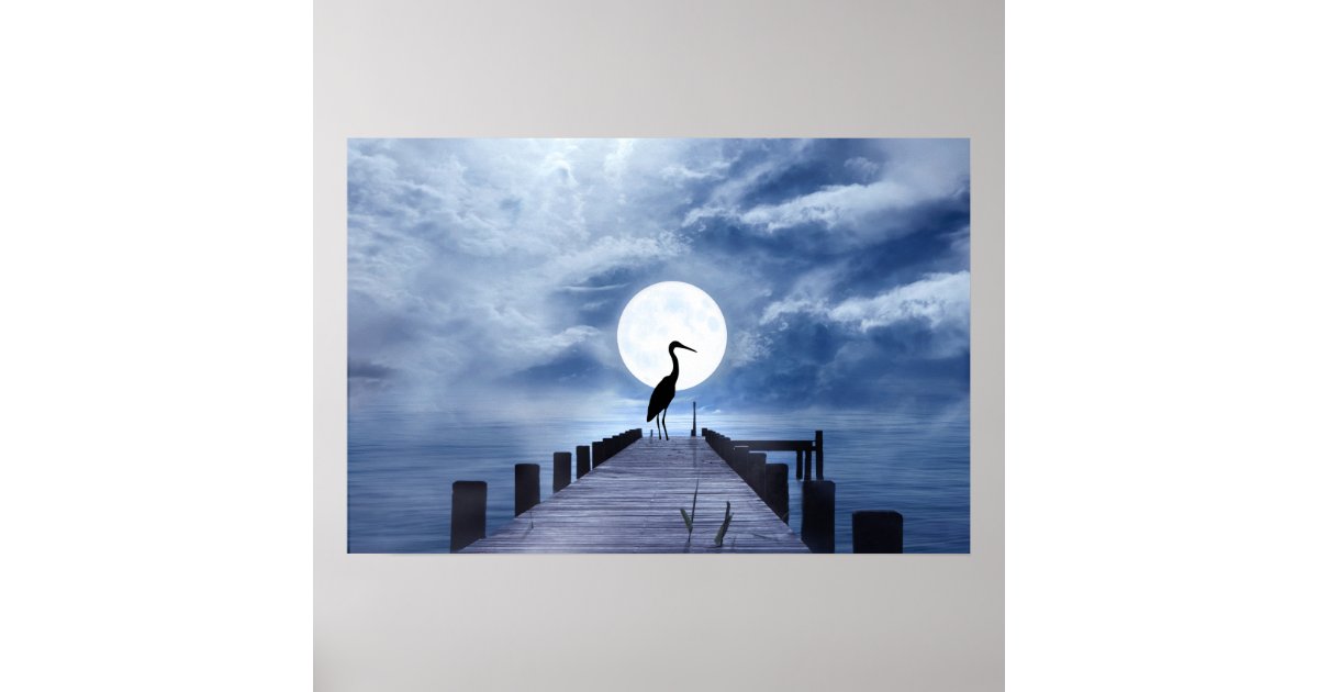 Silhouette Heron On Pier With A Full Moon Beach Poster Zazzle Com