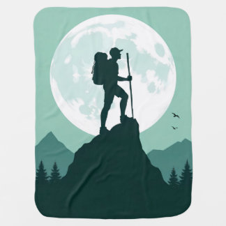Silhouette Hiker on Peak with Moon and Mountains Baby Blanket