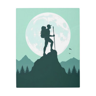 Silhouette Hiker on Peak with Moon and Mountains Metal Print