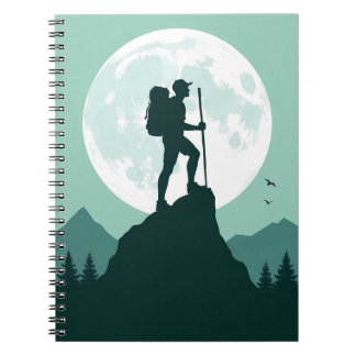 Silhouette Hiker on Peak with Moon and Mountains Notebook