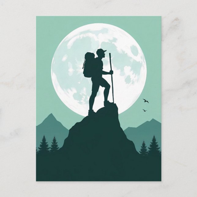 Silhouette Hiker on Peak with Moon and Mountains Postcard (Front)