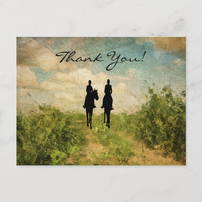 Silhouette Horseback Riding Couple Thank You Postcard (Front)