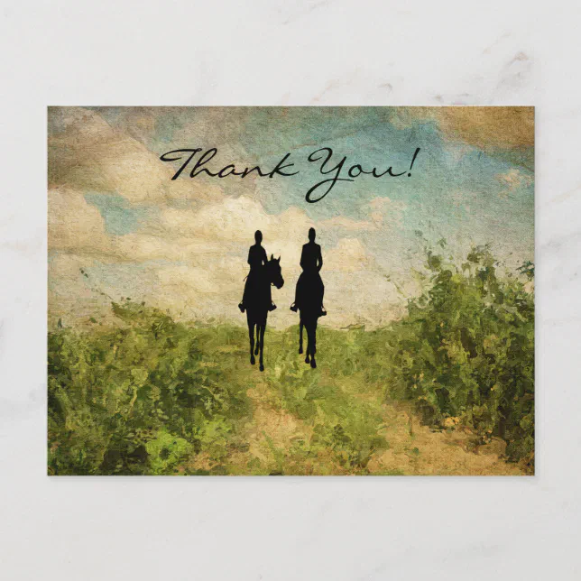 Silhouette Horseback Riding Couple Thank You Postcard | Zazzle