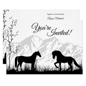 Silhouette Horses and Mountain Black White Wedding Invitation
