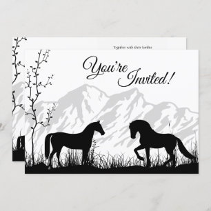 Silhouette Horses and Mountain Black White Wedding Invitation