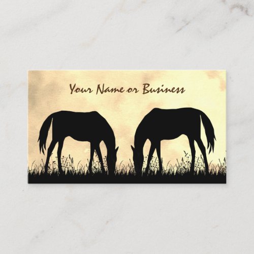 Silhouette Horses Grazing in Field at Sunset Business Card