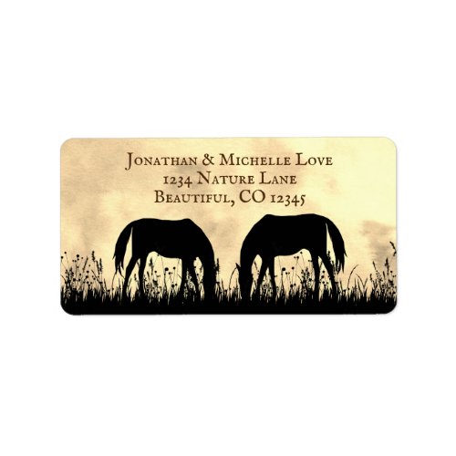 Silhouette Horses Grazing in Field Sunset Address Label