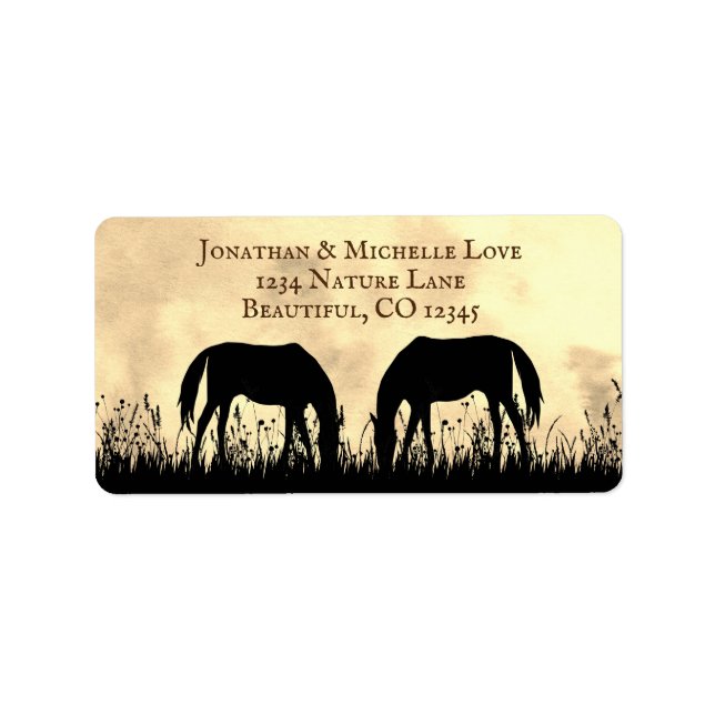Silhouette Horses Grazing in Field Sunset Address Label (Front)