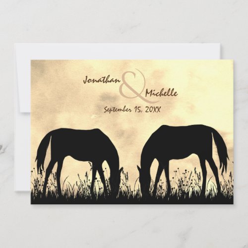 Silhouette Horses Grazing in Field Sunset Wedding Invitation