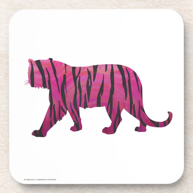 Silhouette Hot Pink and Black Tiger Beverage Coaster (Front)