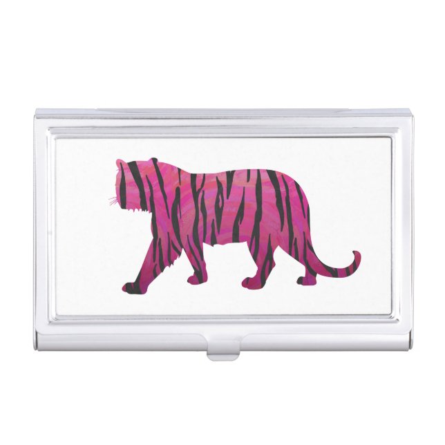 Silhouette Hot Pink and Black Tiger Business Card Holder (Front)