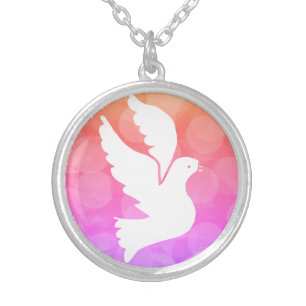 Silhouette Image of Flying Bird on Pink Purple Silver Plated Necklace