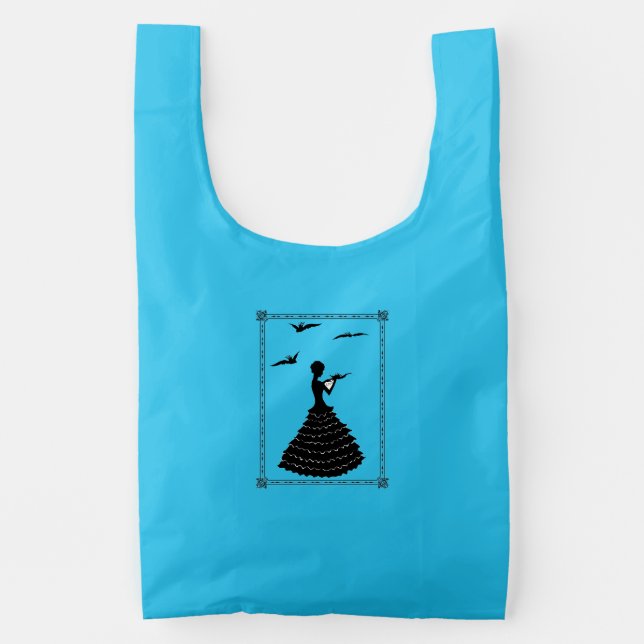 Silhouette in Black Lady Love Letter Doves Frame Reusable Bag (Front)