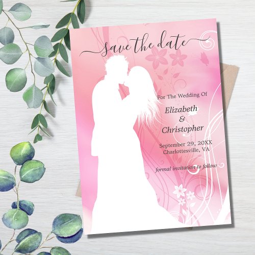 Silhouette Kissing Couple Pink White Floral  Save The Date