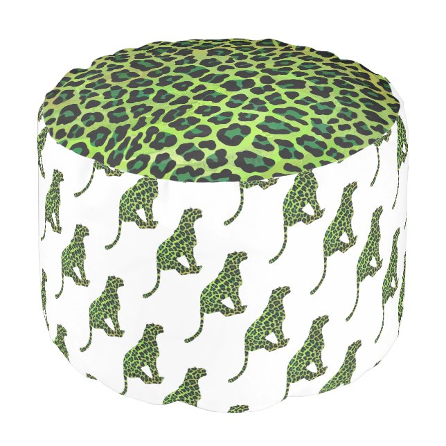Silhouette Leopard Black and Green Pouf (Angled Front)