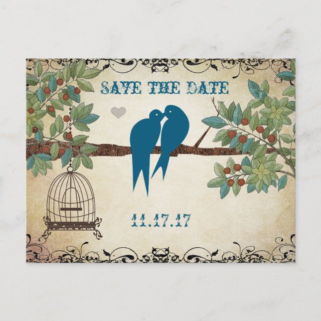 Silhouette Love Birds Bird Cage Tree Save the Date Announcement Postcard (Front)