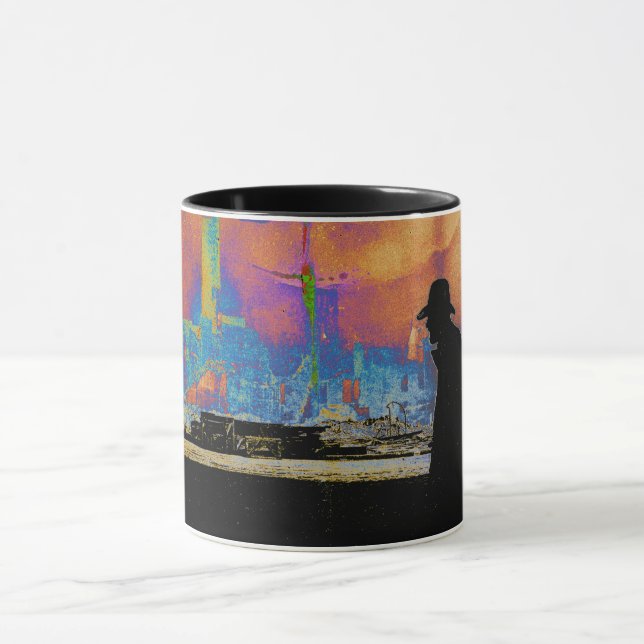 SILHOUETTE MAN WALKING THROUGH DISASTER RUINS ART MUG (Center)