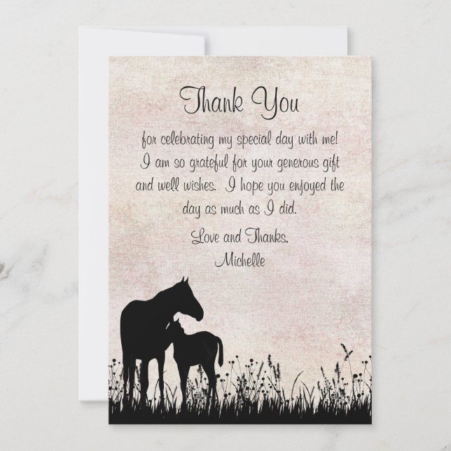 Silhouette Mare and Foal Horse Baby Shower Flat Thank You Card (Front)