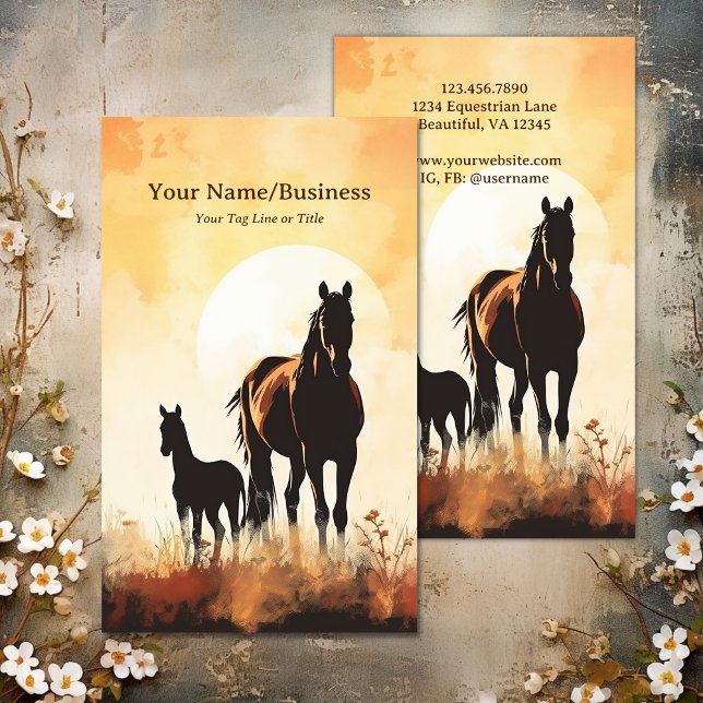 Silhouette Mare and Foal Horse Sunset Equestrian Business Card (Silhouette Mare and Foal Horse Sunset Equestrian Business Card)