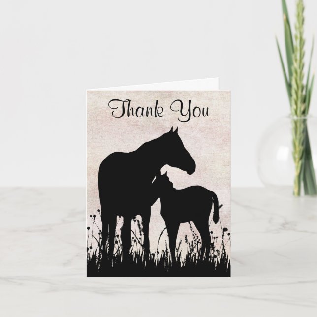 Silhouette Mare and Foal in Field Horse Thank You Card (Front)