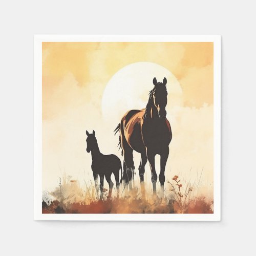 Silhouette Mare and Foal Sunset Horse Baby Shower Napkins