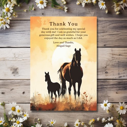 Silhouette Mare and Foal Sunset Horse Baby Shower Thank You Card
