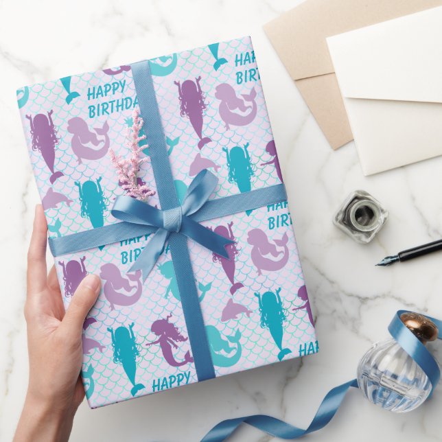 Silhouette Mermaids Aqua Fish Pattern Birthday Wrapping Paper (Gifting)