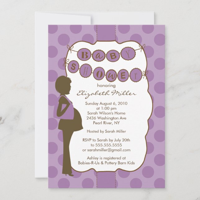 Silhouette Mom Baby Shower Girl Purple Brown Invitation (Front)