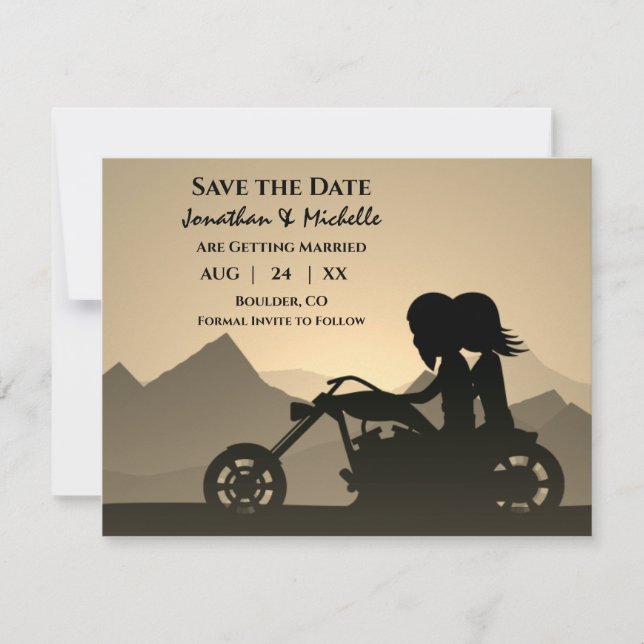 Silhouette Motorcycle Couple Mountain Wedding Save The Date (Front)