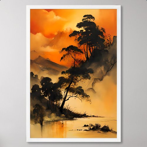 Silhouette Nature Painting in Red Summer Sunset Poster