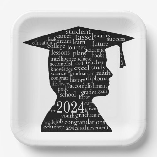 Silhouette of 2024 Boy Graduate on White  Paper Plates