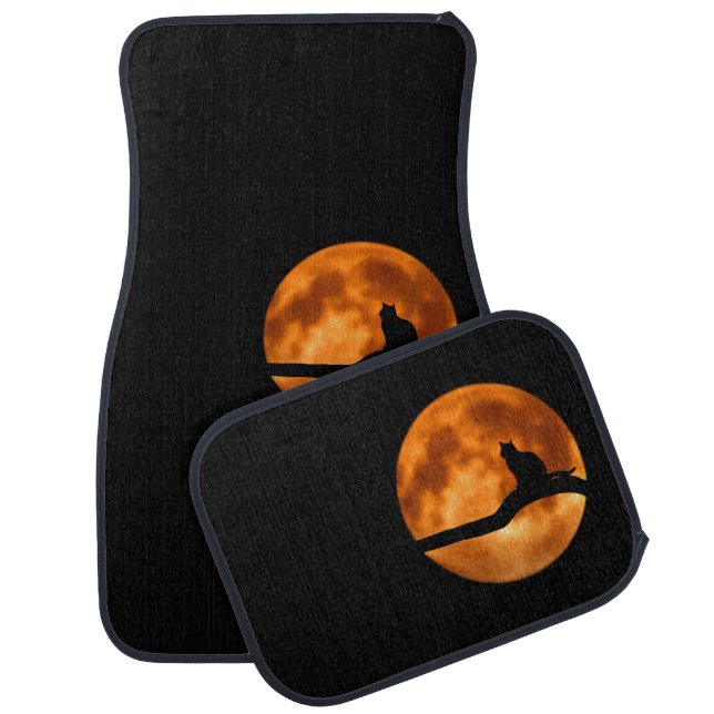 Silhouette of a Black Cat in a Tree Car Floor Mat (Set)