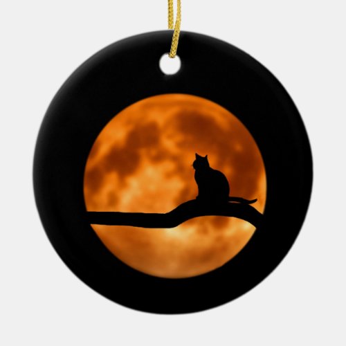 Silhouette of a Black Cat in a Tree Ceramic Ornament